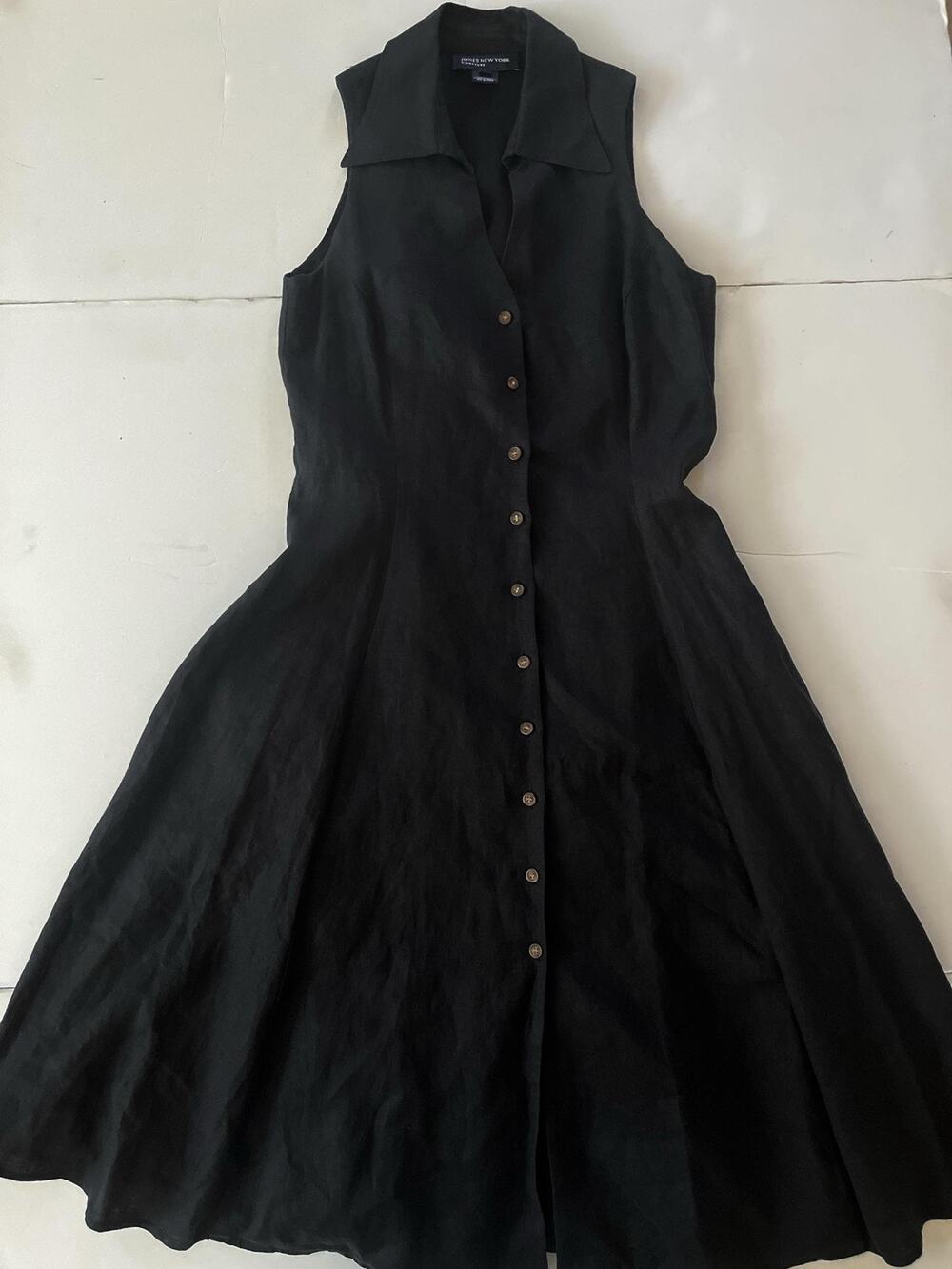 Jones New York Shirt Dress Womens 4 Black Classic Retro Linen Button Front Midi